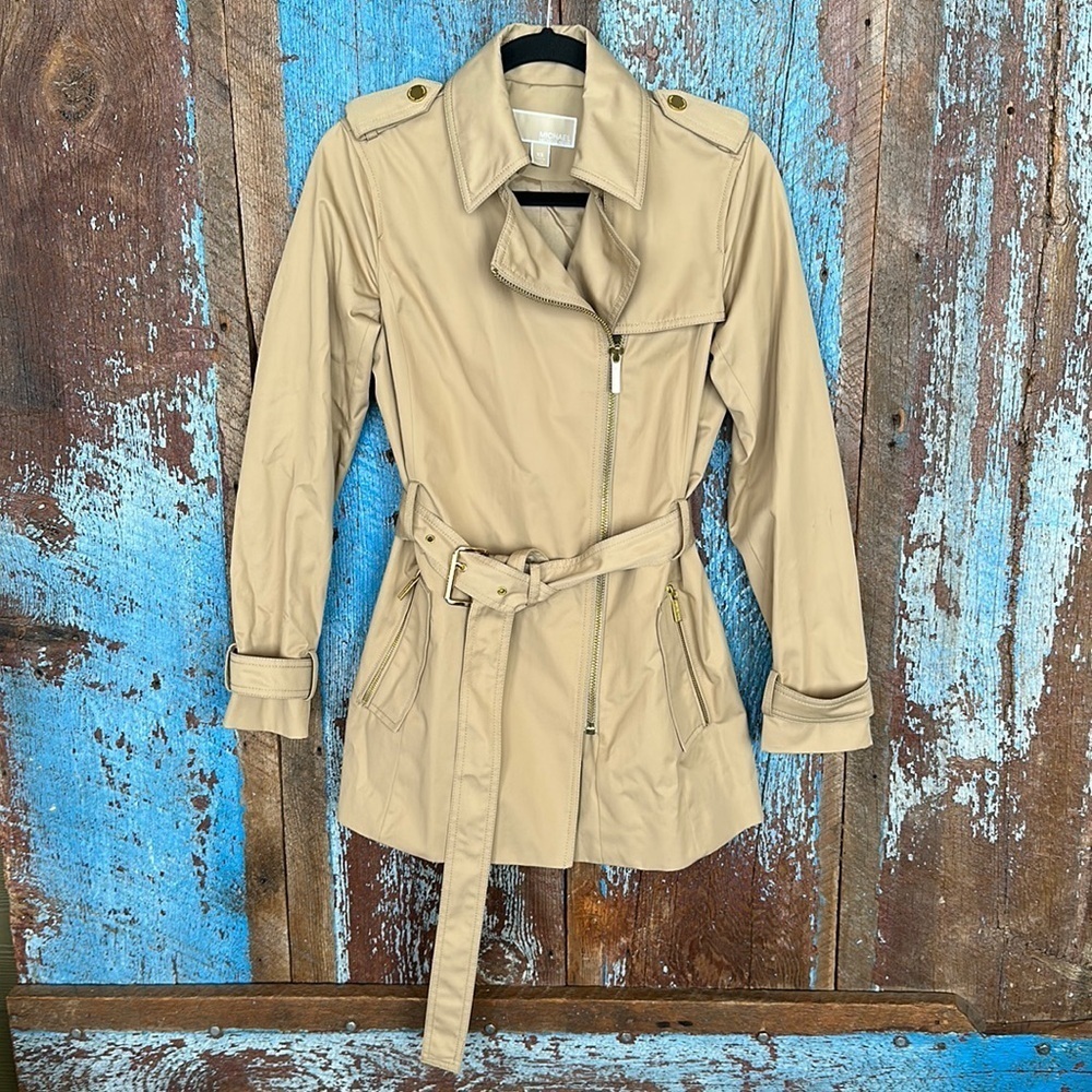 MICHAEL Michael Kors Tan Belted Front-Zip Trench Coat Size XS